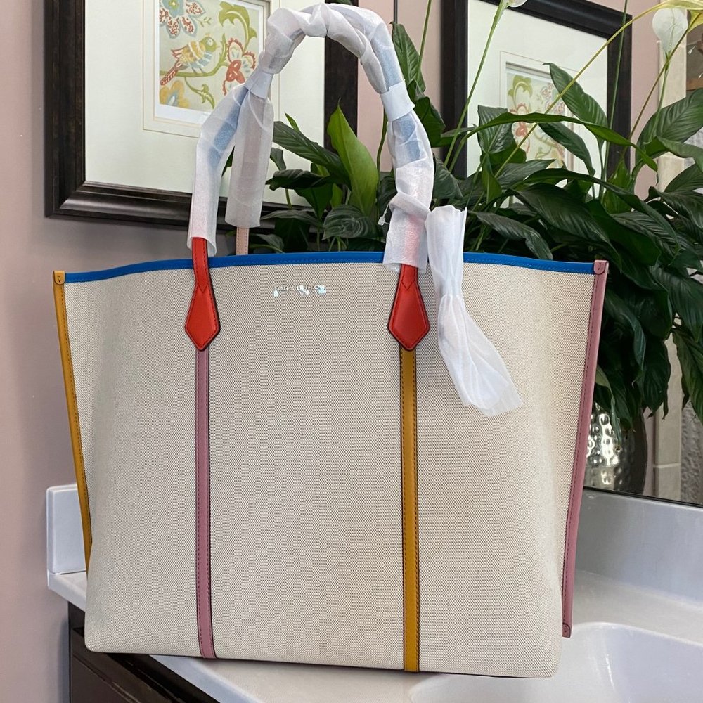 Tory Burch Neutral Canvas Tote with Blue Trim and Multicolor Strap Accents